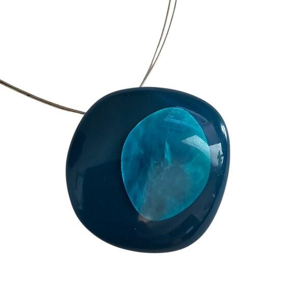 Vintage 1990s Polished Stone Pendant Necklace w/ Metal String Blue Square Stone - Picture 1 of 4